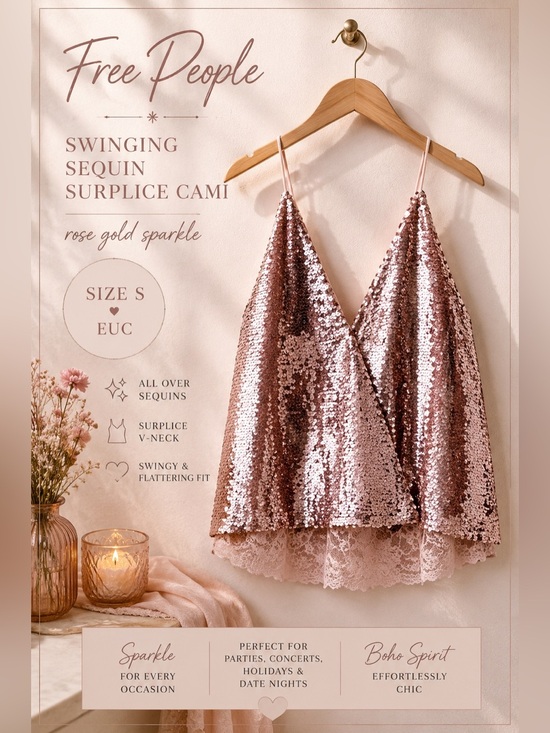 Free People Tops - Free People Swinging Sequin Surplice Cami Rose Gold Pink Size Small